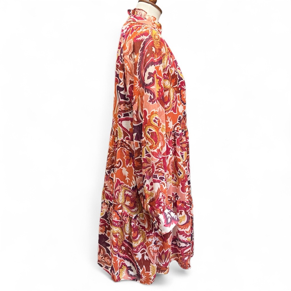 1.STATE Metallic Floral Tiered Mini Dress Size L | Ruffle Neck Sheer Long Sleeve - Picture 4 of 9